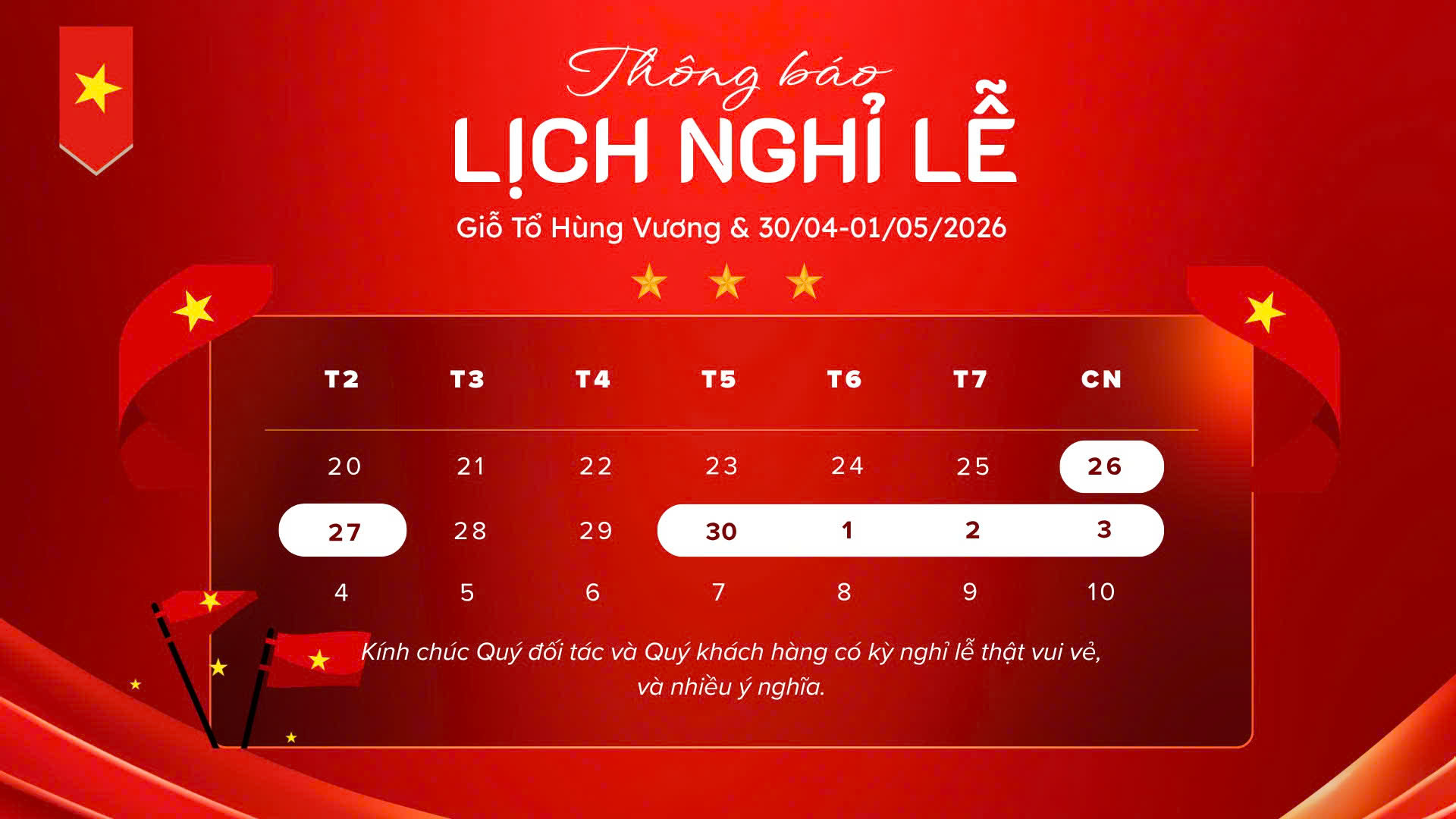 Thông báo nghỉ lễ giỗ tổ hùng vương và 30/4-1/5/2026